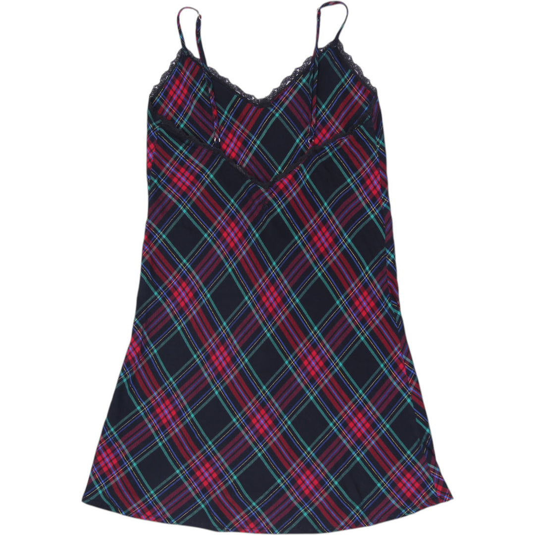 Y2K Ladies Victoria's Secret Tartan Plaid Metallic Lace-Trim Slip Dress Size S