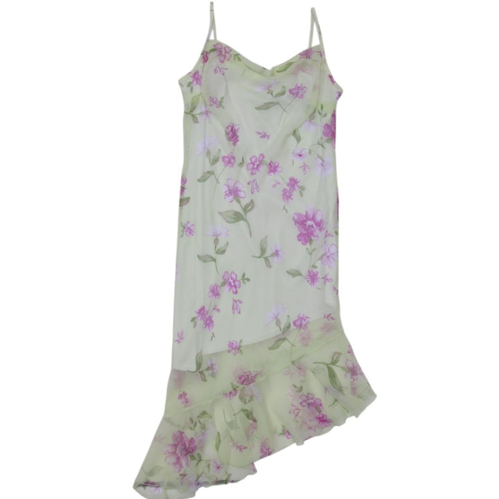 Y2K Ladies Floral Midi Dress Pastel Green Asymmetrical Spaghetti Strap