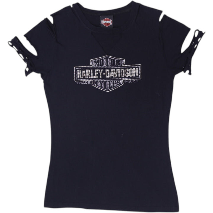 Ladies Harley Davidson T-Shirt Black Rhinestone Graphic Logo