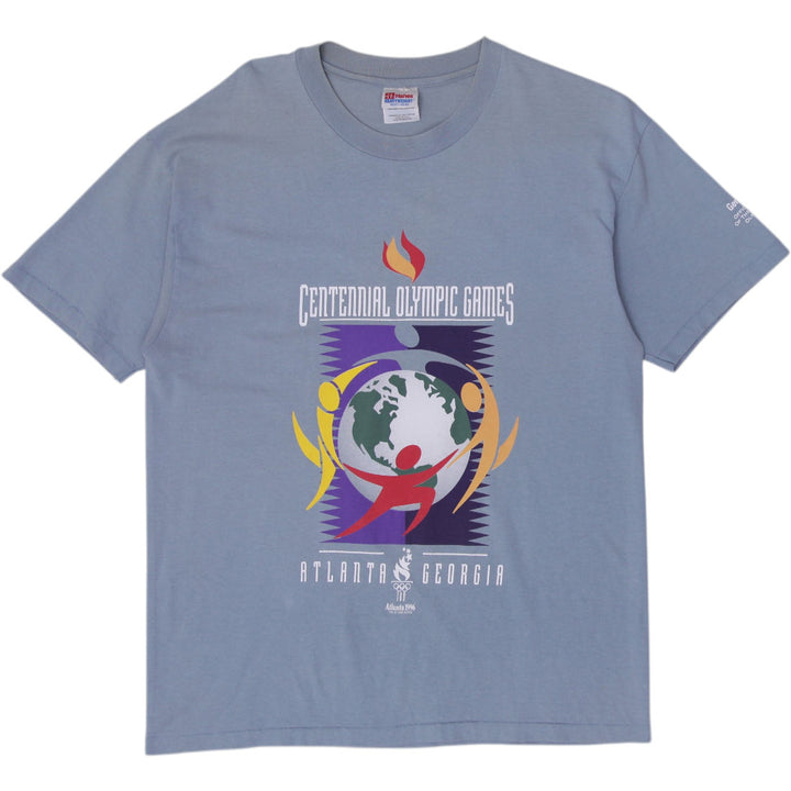 Vintage Mens Hanes T-Shirt Blue Olympic Graphic Cotton S. Stitch Size L
