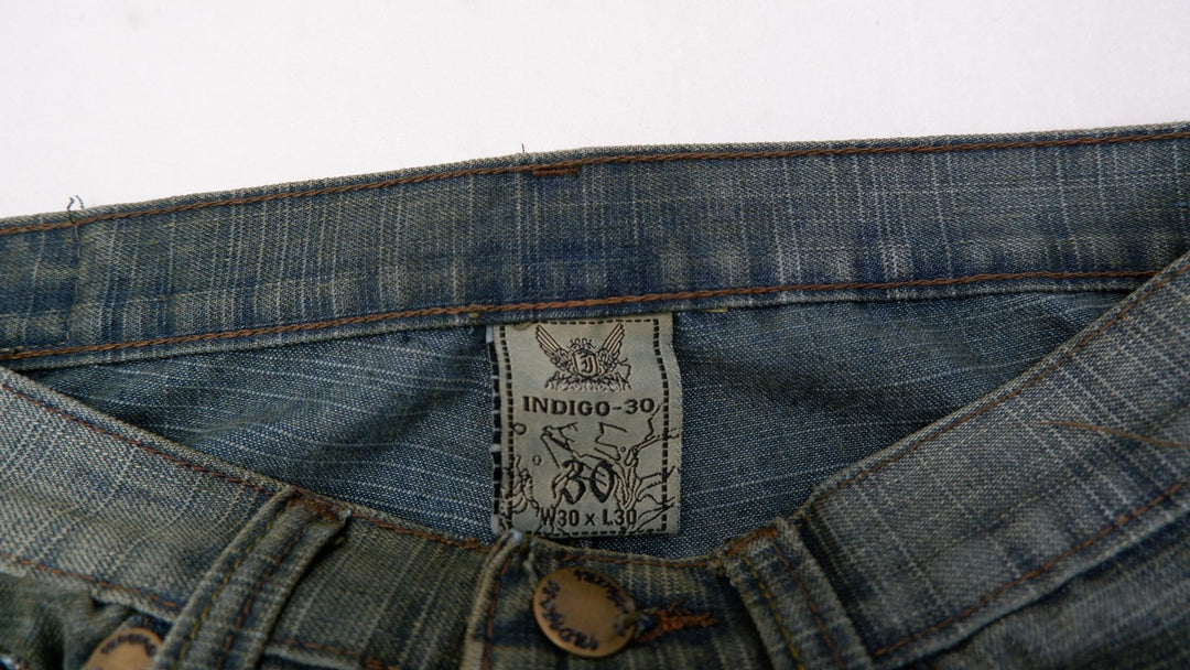 Y2K Mens Indigo 30 Jeans Washed Blue Embroidered Denim