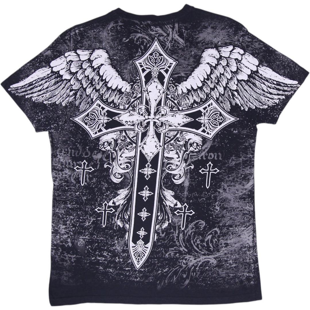Y2K Mens Akonflic Winged Cross Gothic Graphic T-Shirt Black Acid Wash Size L