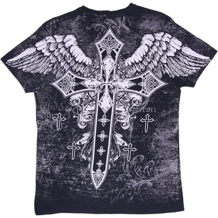 Y2K Mens Akonflic Winged Cross Gothic Graphic T-Shirt Black Acid Wash Size L