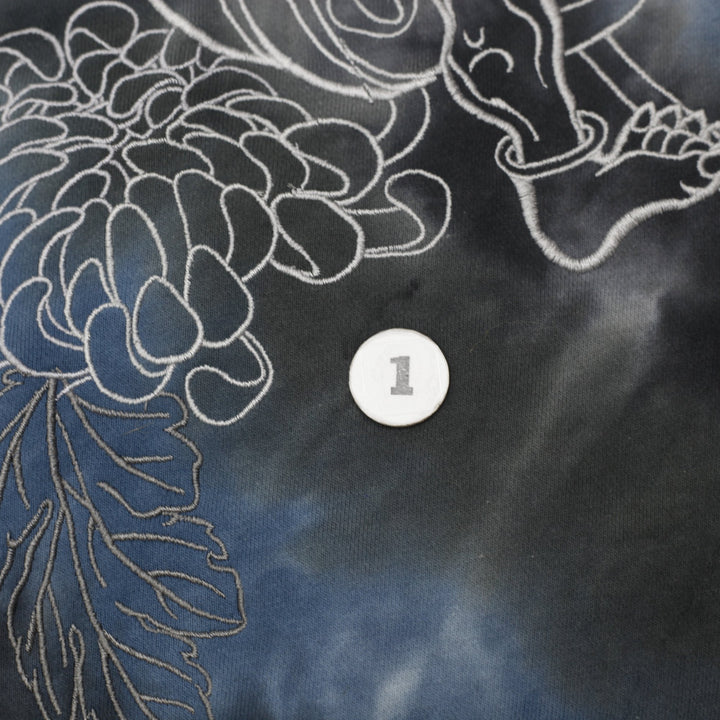 Y2K Mens Karakuri Tamashii Hoodie Tie-Dye Blue Full Zip Graphic Embroidered XL