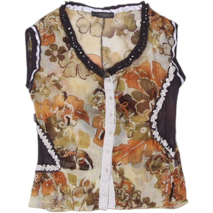 Y2K Ladies Top Multi Color Floral Sleeveless Frilled Button Up