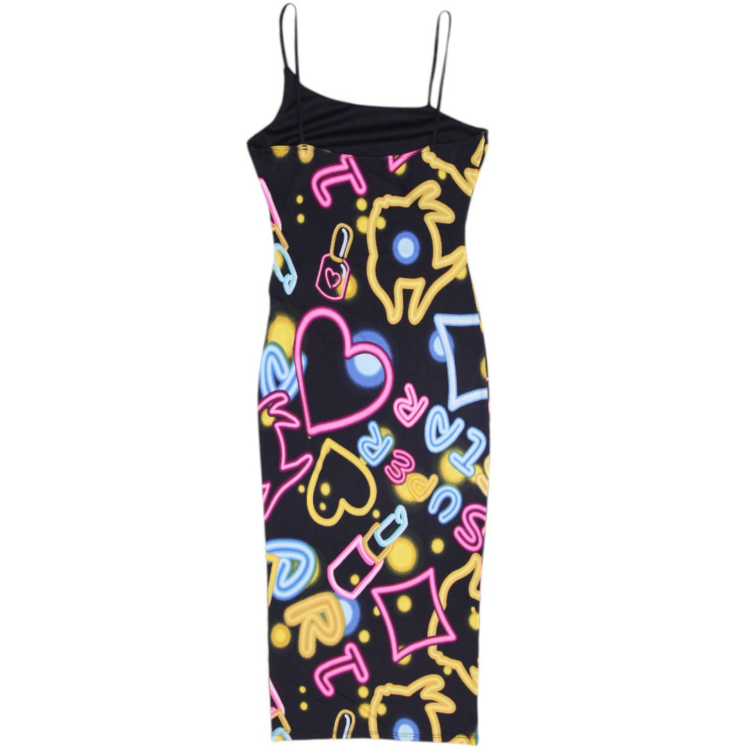 Y2K Ladies Magia Neon Sign Glow Graphic Bodycon Midi Dress Size M