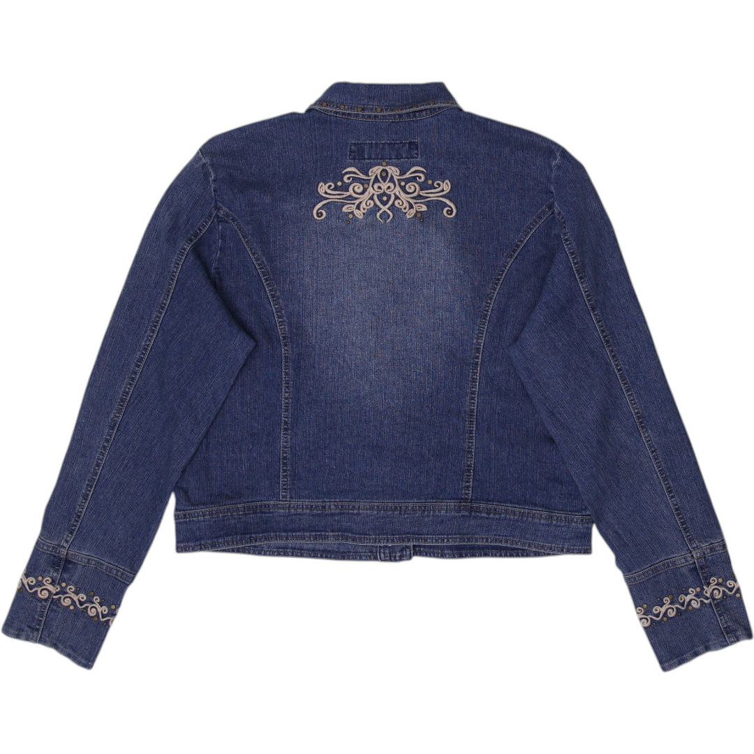 Y2K Ladies Blue Embroidered Casual Denim Jacket Size XL | Migration_Jackets - Side View | Fashion Rerun
