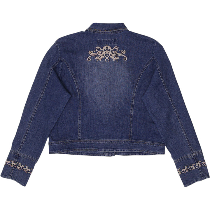 Y2K Ladies Blue Embroidered Casual Denim Jacket Size XL | Migration_Jackets - Side View | Fashion Rerun