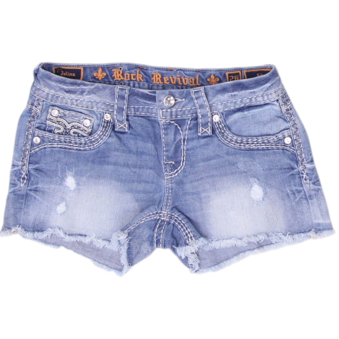 Y2K Ladies Rock Revival Denim Shorts Washed Blue Distressed Rhinestone