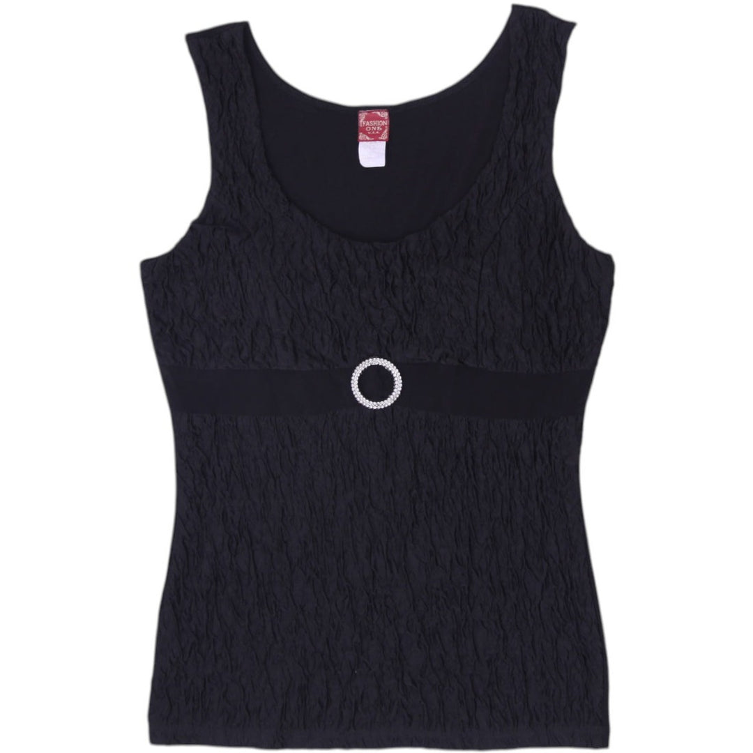 Y2K Ladies Fashion One USA Black Crinkle Textured Tank Top Size 2XL