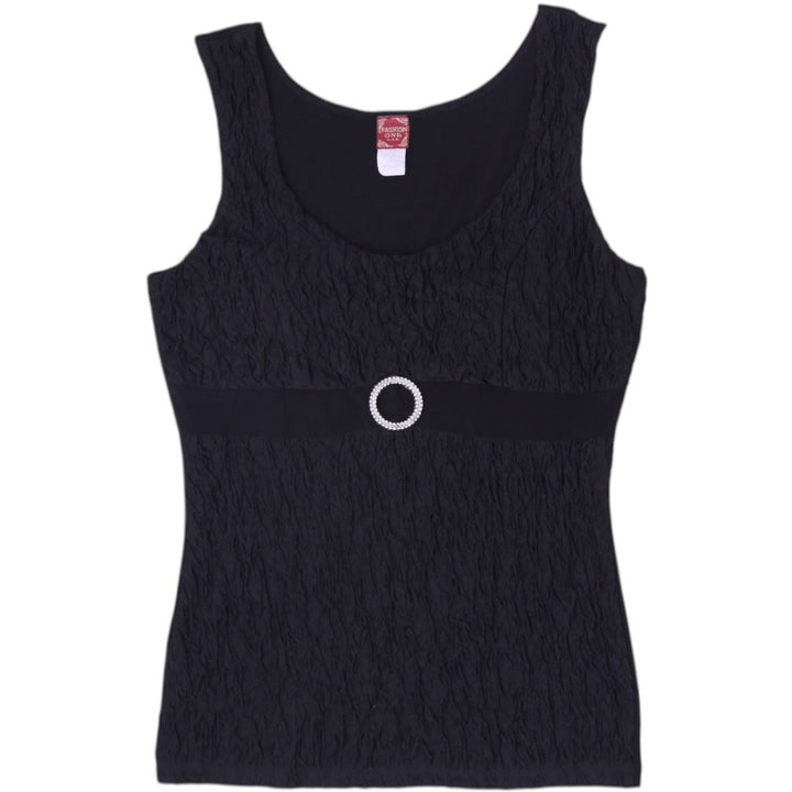 Y2K Ladies Fashion One USA Black Crinkle Textured Tank Top Size 2XL
