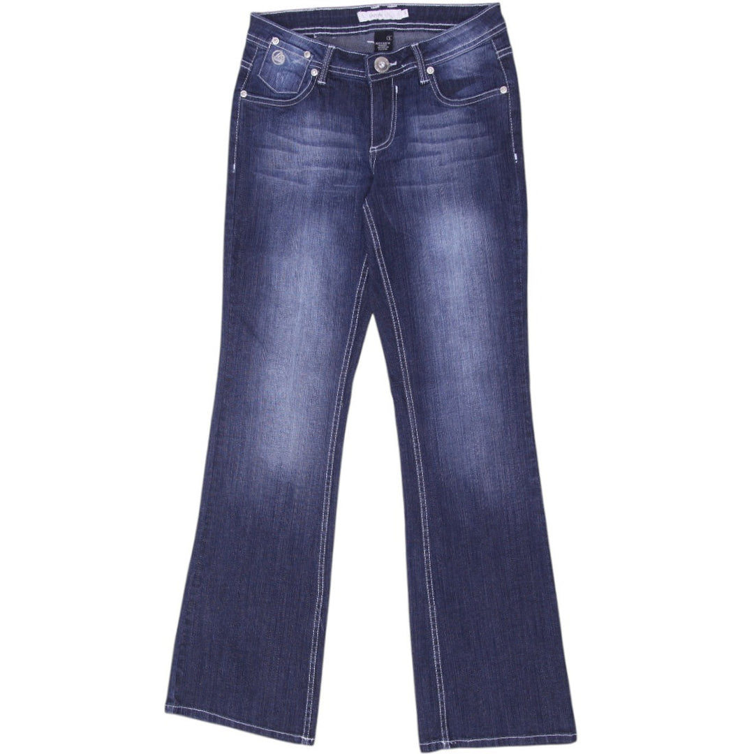 Y2K Ladies Washed Blue Embroidered Pockets Denim Flare Jeans Size 5 | Migration_Jeans & Pants | Fashion Rerun
