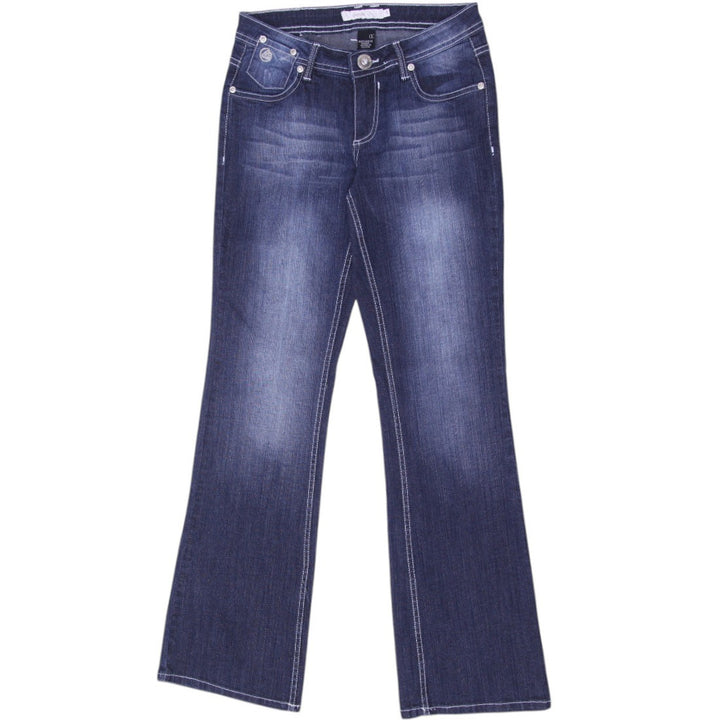 Y2K Ladies Washed Blue Embroidered Pockets Denim Flare Jeans Size 5 | Migration_Jeans & Pants | Fashion Rerun