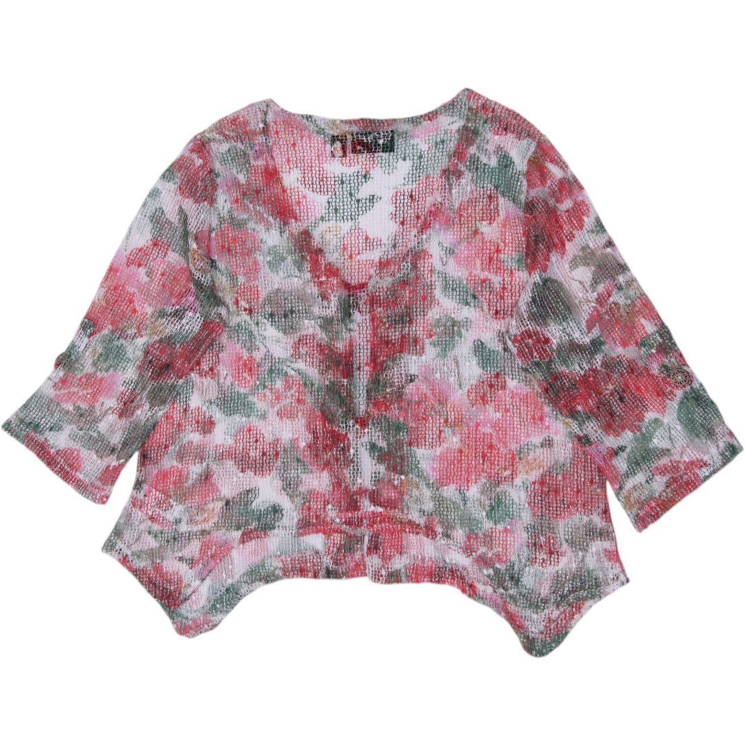 Y2K Ladies Nina Leonard Floral Sheer Open-Knit Mesh Cardigan Top Size L