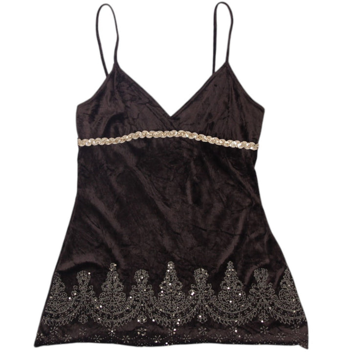 Y2K Ladies Brown Velvet Sequin Strappy Sleeveless Tank Top Size M | Migration_Y2K Tops | Fashion Rerun
