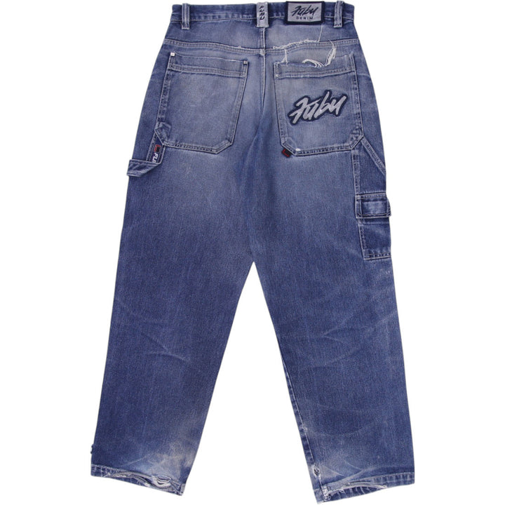 Y2K Mens FUBU Denim Jeans Washed Blue Straight Fit Embroidered 34