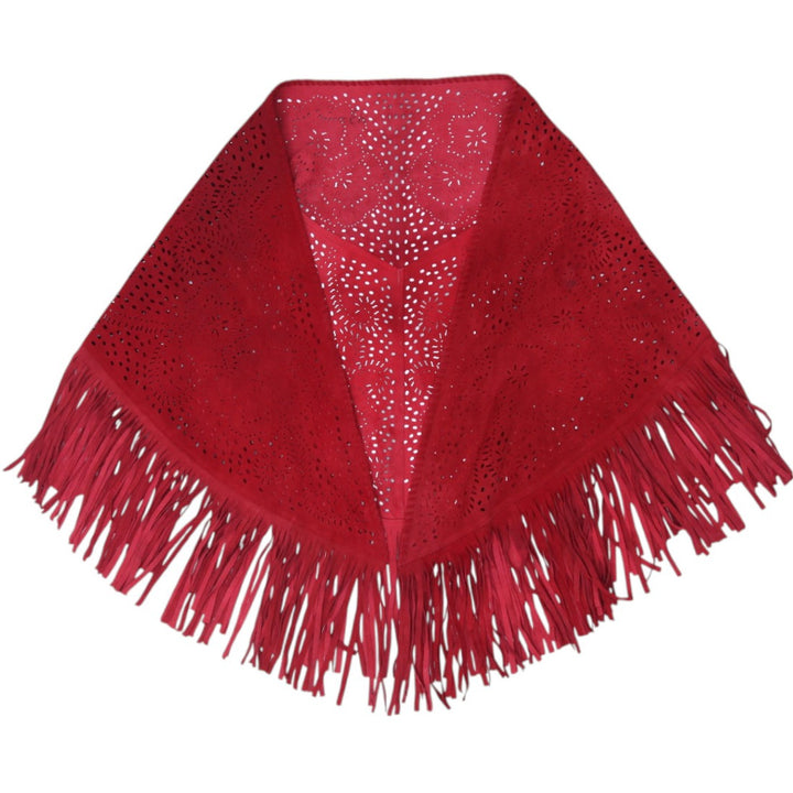 Vintage Ladies Red Faux Suede Laser Cut Fringed Triangle Shawl