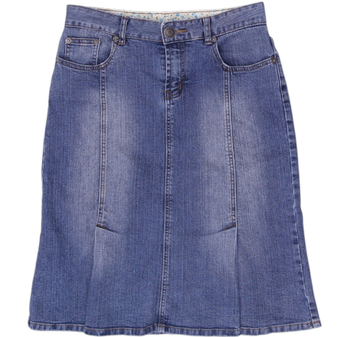 Y2K Ladies Crazy World Denim Midi Skirt Floral Waistband Pleated Size 38