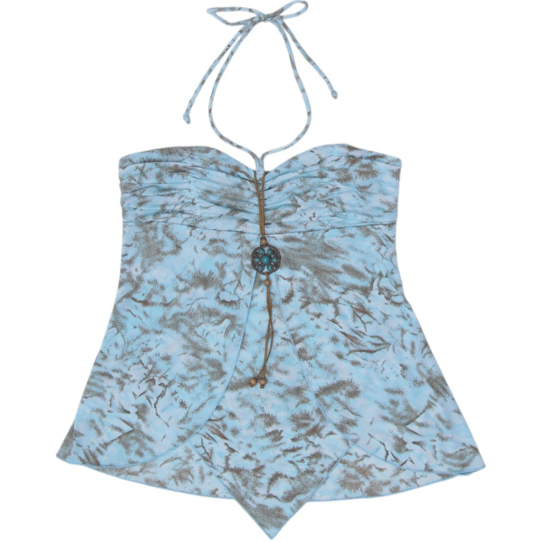 Y2K Ladies Venus Halter Top Sky Blue Abstract Print Beaded Handkerchief Hem USA Size M