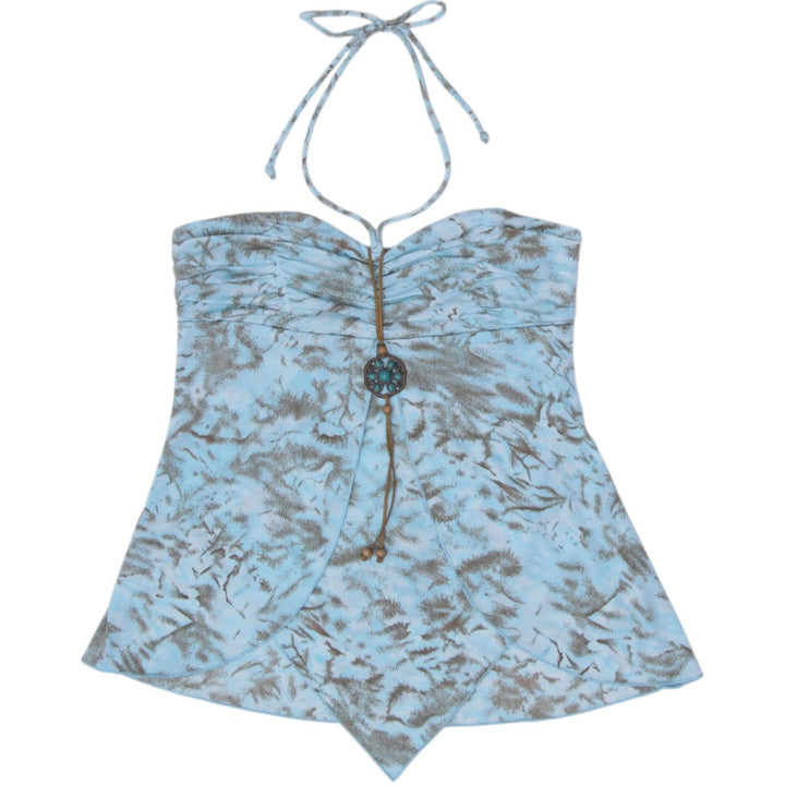 Y2K Ladies Venus Halter Top Sky Blue Abstract Print Beaded Handkerchief Hem USA Size M
