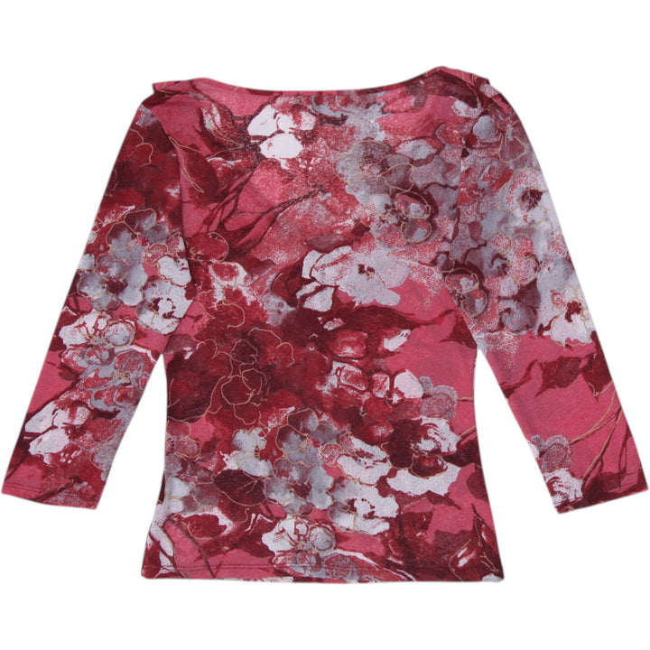 Y2K Ladies Per Una Floral V-Neck Top Size 10 Pink Red Metallic Mesh Blouse