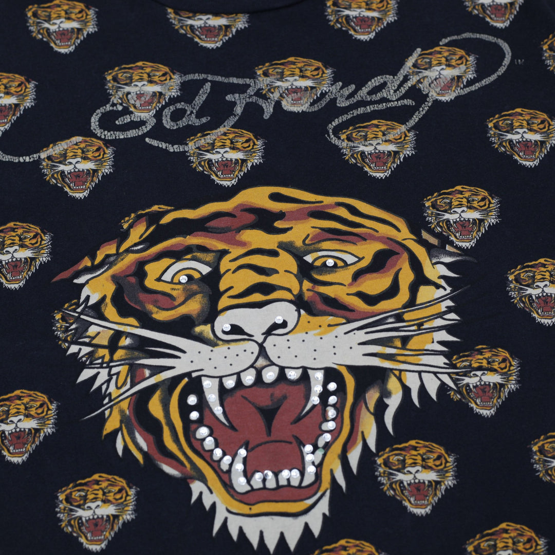 Y2K Mens Ed Hardy Black T-Shirt Tiger Graphic All Over Size 2XL