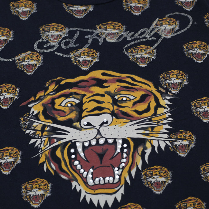 Y2K Mens Ed Hardy Black T-Shirt Tiger Graphic All Over Size 2XL