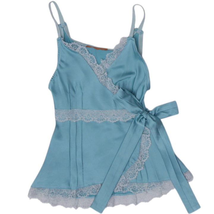 Y2K Ladies Happy Face Camisole Blue Lace Detail Wrap
