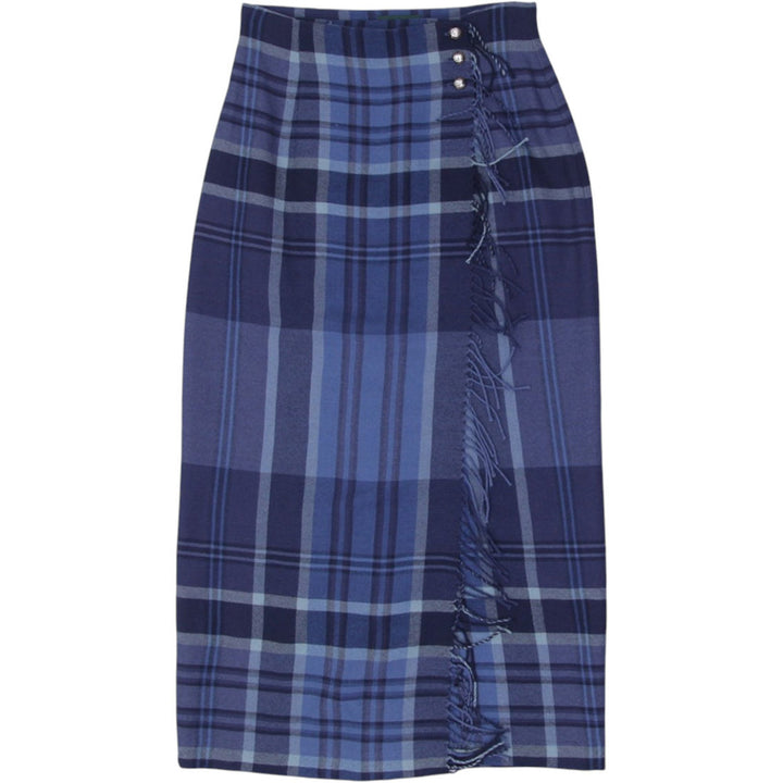 Vintage Womens Ralph Lauren Skirt Navy Plaid Wool Midi Fringe