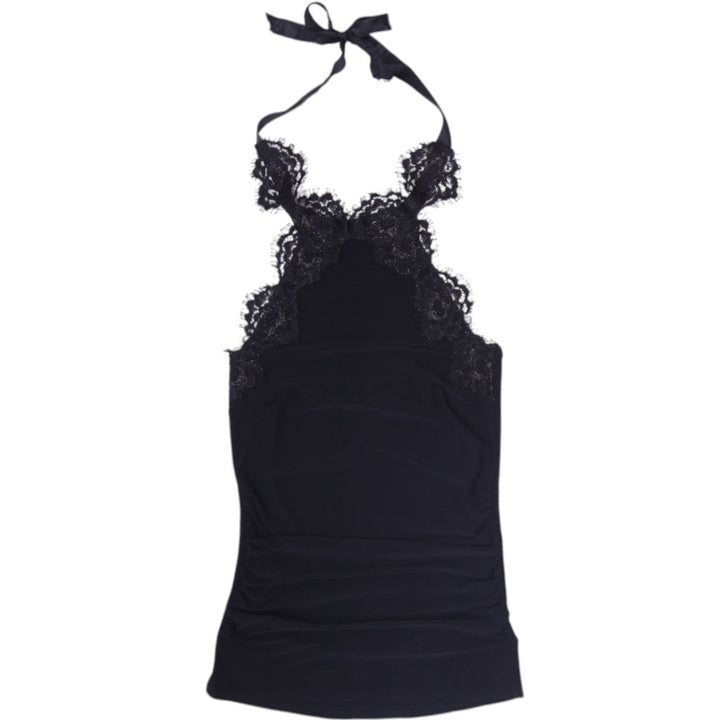 Y2K Ladies Sagaie Lace Trim Halter Top Made In France Black Size 1