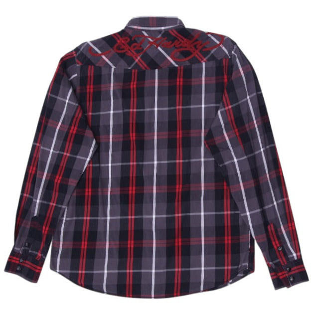 Y2K Mens Ed Hardy Shirt Plaid Red Gray Checkered Long Sleeve