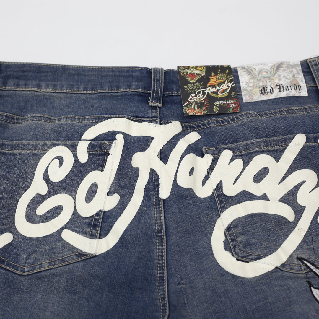 Y2K Mens Ed Hardy Embroidered Wide-Leg Jeans "Brave Hearts Stay True" Size 32