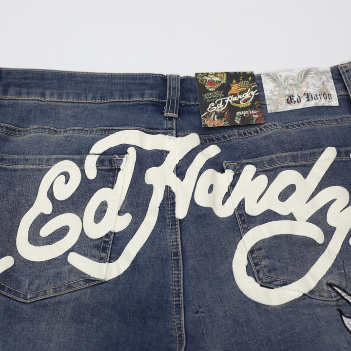 Y2K Mens Ed Hardy Embroidered Wide-Leg Jeans "Brave Hearts Stay True" Size 32