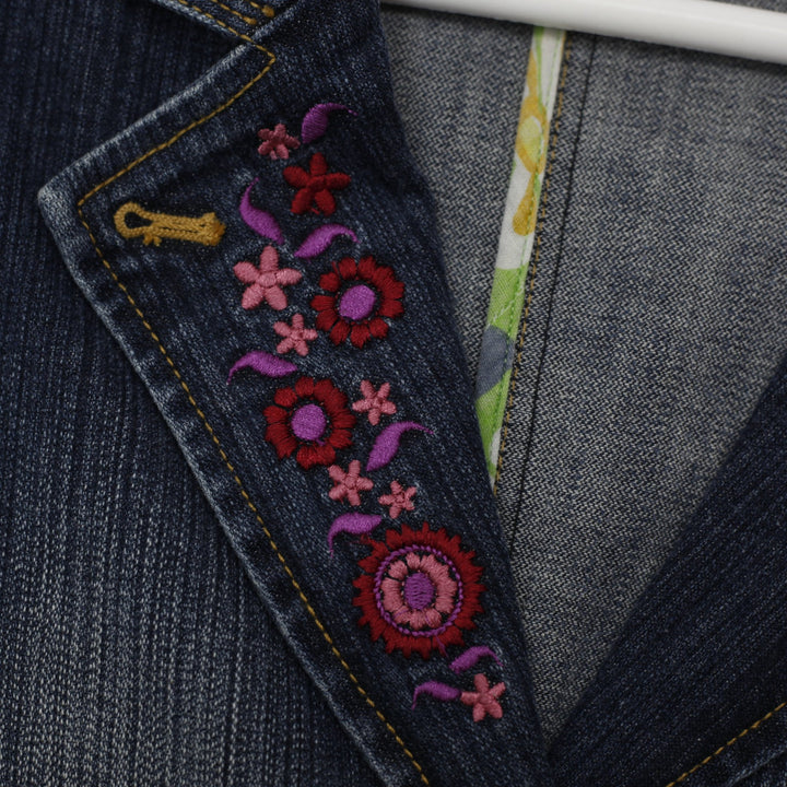 Y2K Ladies Ruff Hewn Floral Stylish Denim Jacket Size M