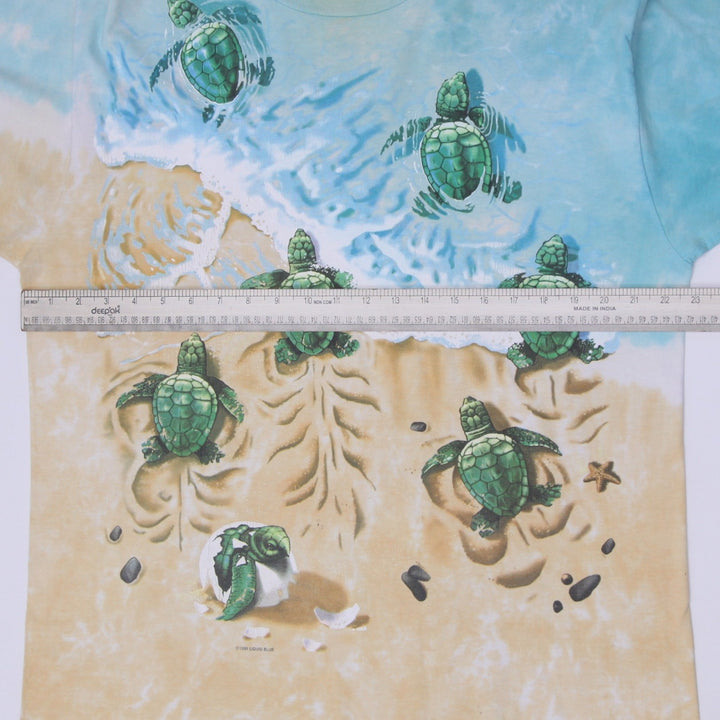 Vintage 90s Liquid Blue Sea Turtle Beach Tie Dye All Over Print Beach Scene T-Shirt Single Stitch