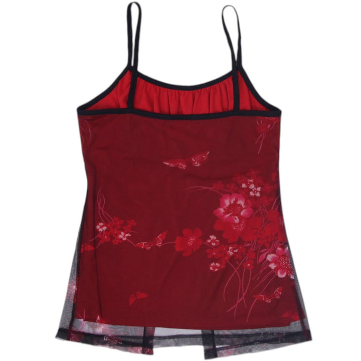 Y2K Ladies TRY Camisole Red Floral Lace Trim Sheer Size L