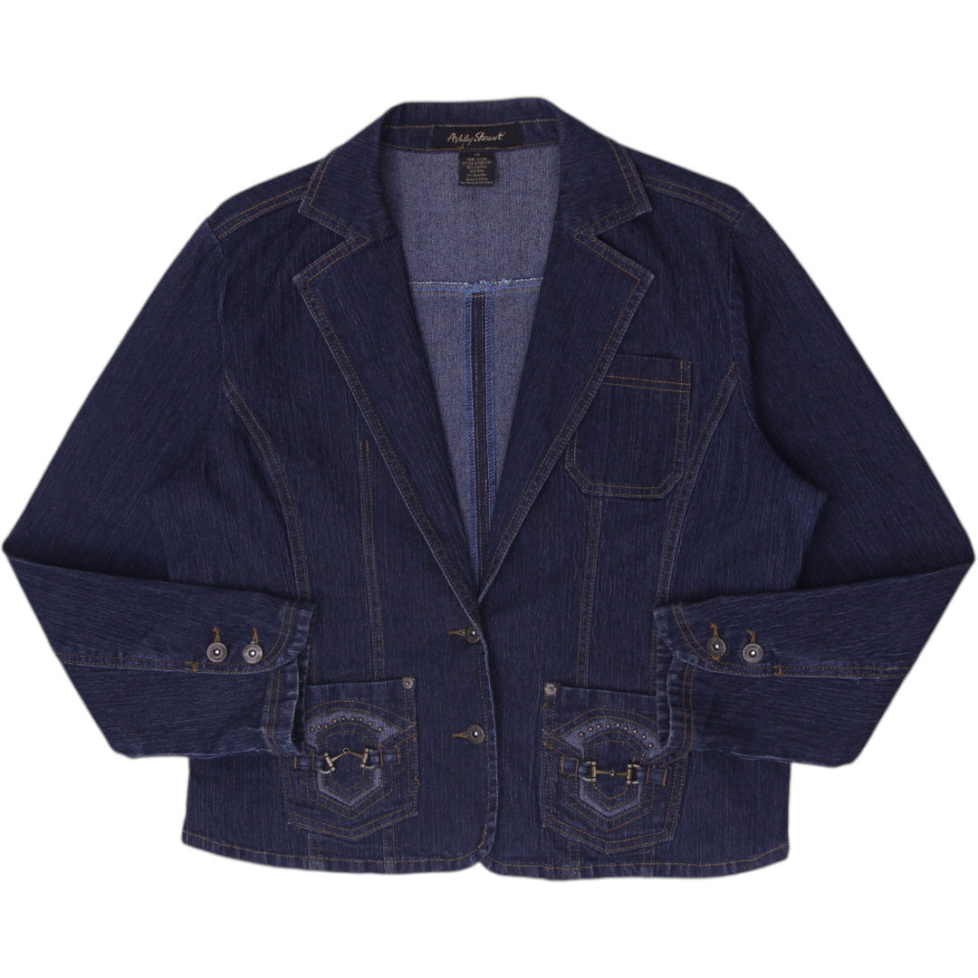 Y2K Womens Ashley Stewart Stretch Jean Suit Plus Size 14 Denim Blazer Jacket