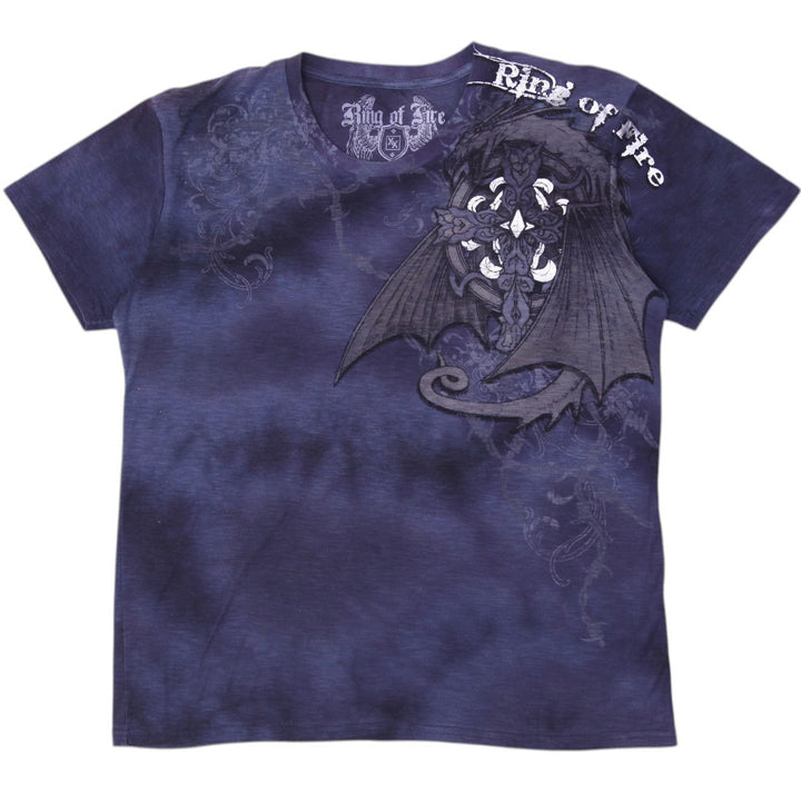 Y2K Mens Ring of Fire Navy Blue Tie-Dye Dragon Graphic T-Shirt Size 2XL