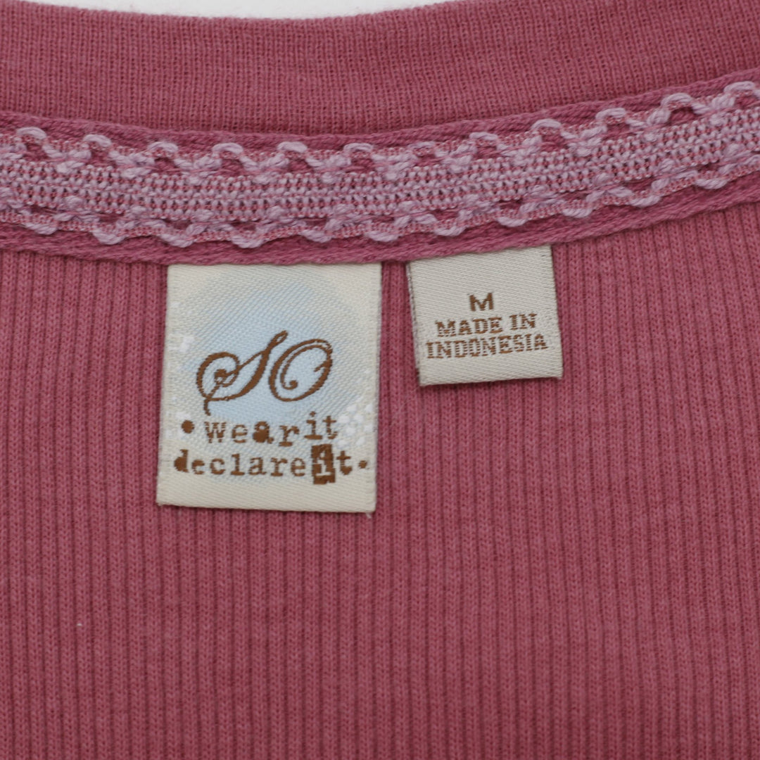 Y2K Ladies SO Ribbed Henley Baby Tee Mauve Pink Lace Trim Coquette