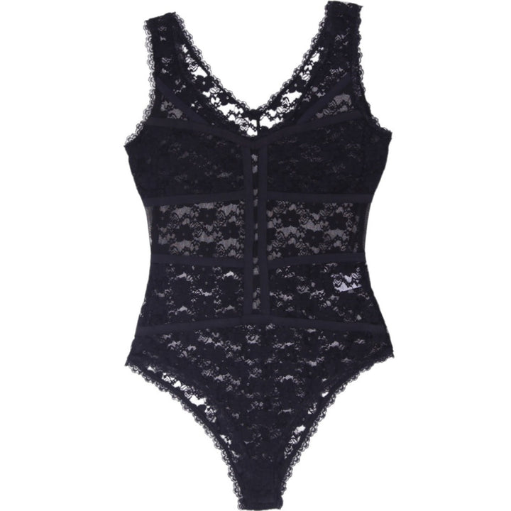 Ladies Black Floral Lace Sleeveless Bodysuit Size Large Sheer Mesh Panel Top