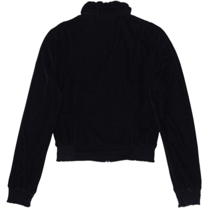 Y2K Ladies Velour Zip Jacket Black Ruffled Detail Small