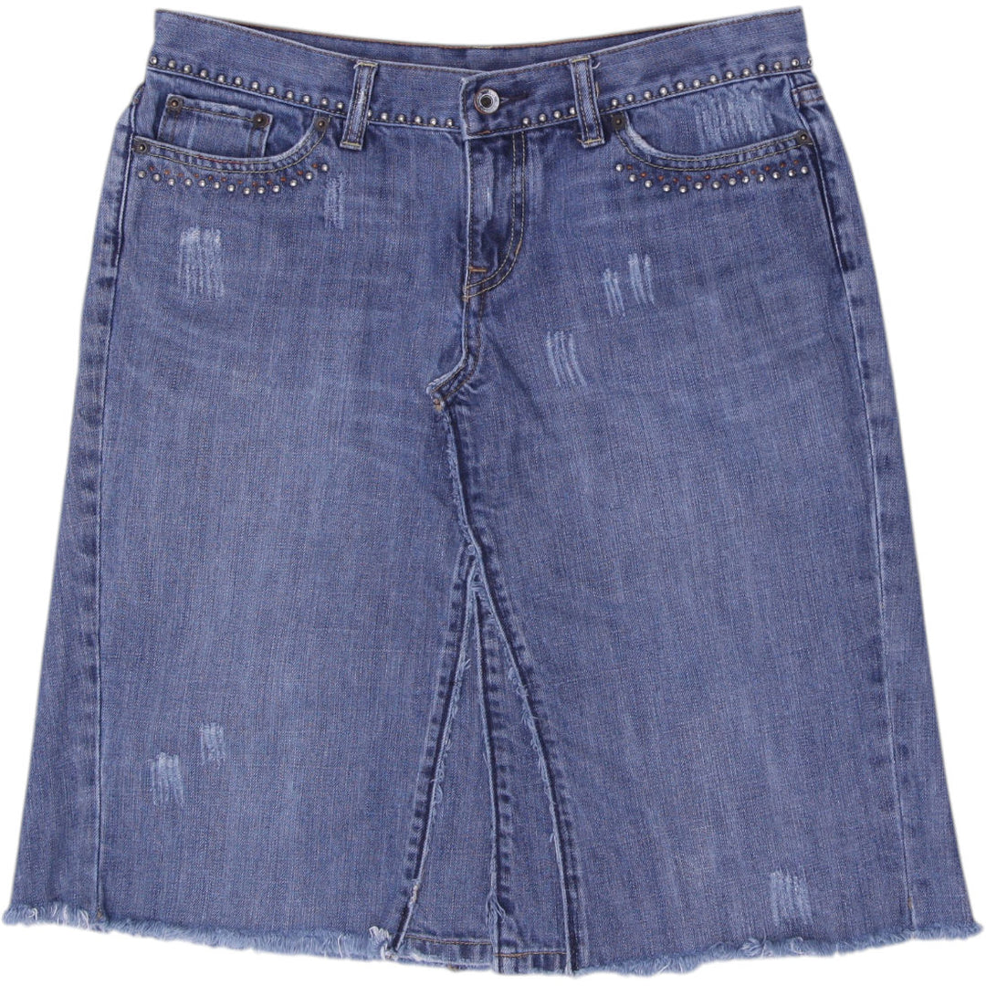 Y2K Ladies  X2 Low-Rise Distressed Blue Denim Midi Skirt Size 8