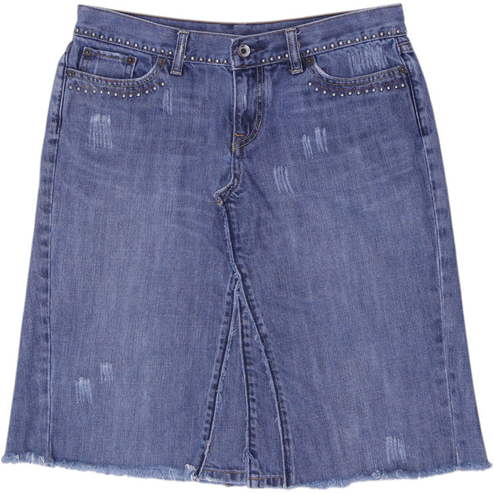 Y2K Ladies  X2 Low-Rise Distressed Blue Denim Midi Skirt Size 8