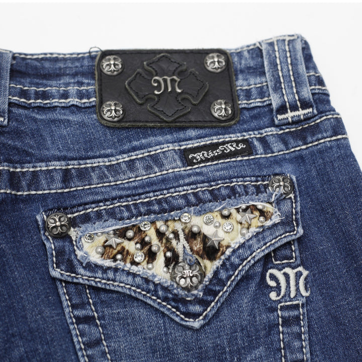 Y2K Ladies Miss Me JW5188B3 Bootcut Jeans Distressed Blue Rhinestone