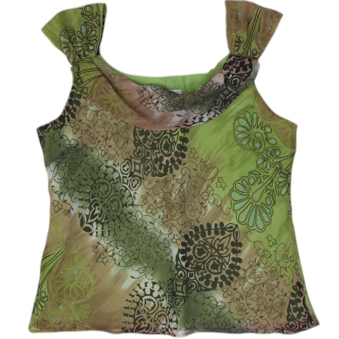 Y2K Ladies Laura Green Paisley Mandala Cowl Neck Top Size L