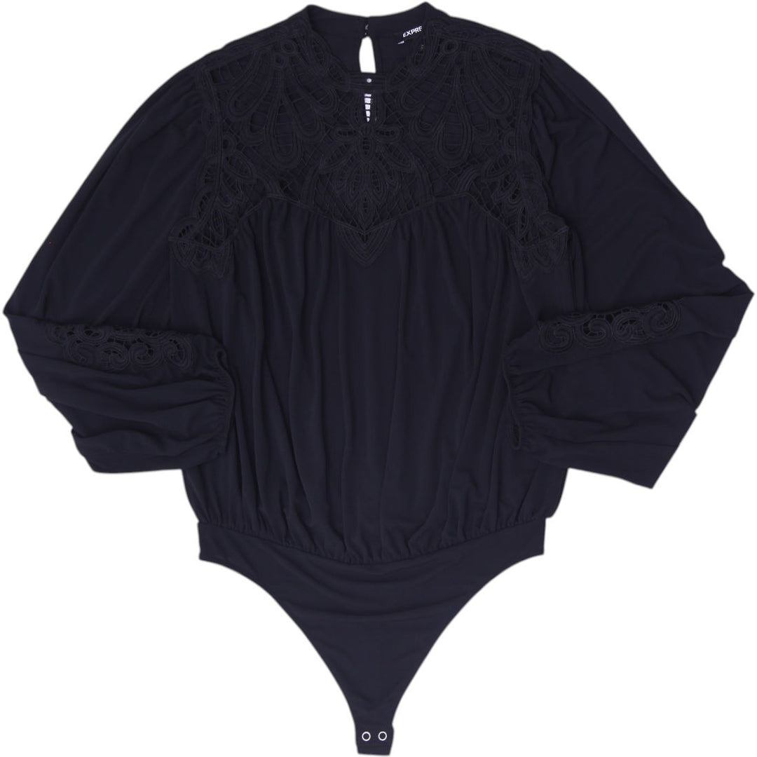 Ladies Express Black Crochet Lace Yoke Long Sleeve Bodysuit Size M