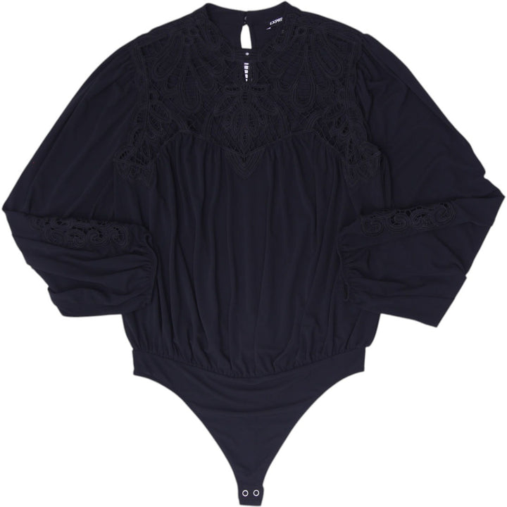Ladies Express Black Crochet Lace Yoke Long Sleeve Bodysuit Size M