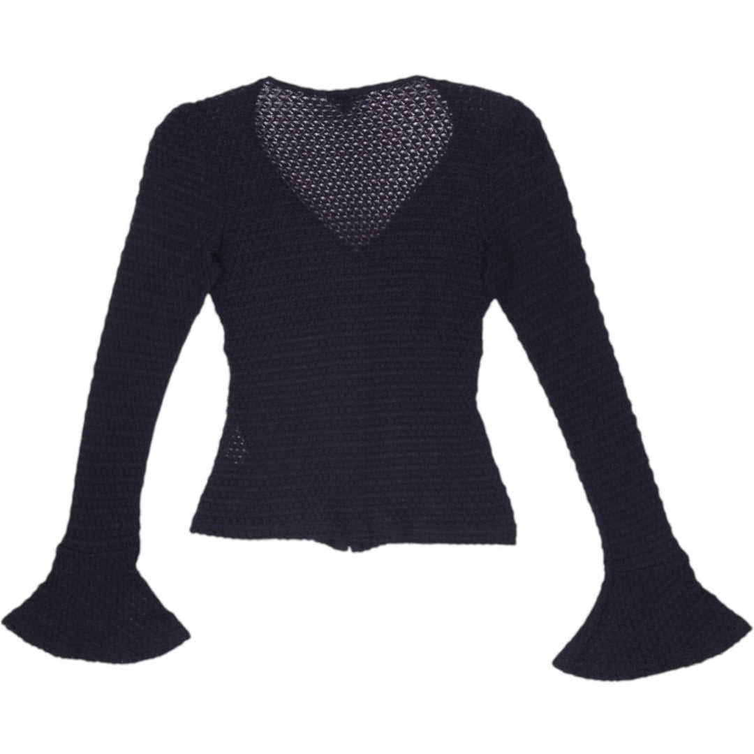 Y2K Ladies Black Sheer Open Knit Crochet Bell Sleeve Cardigan Made in USA M