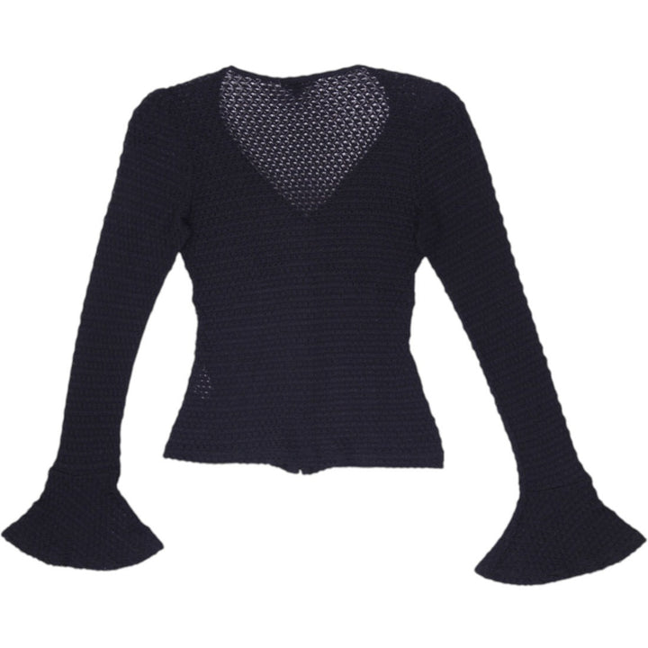 Y2K Ladies Black Sheer Open Knit Crochet Bell Sleeve Cardigan Made in USA M