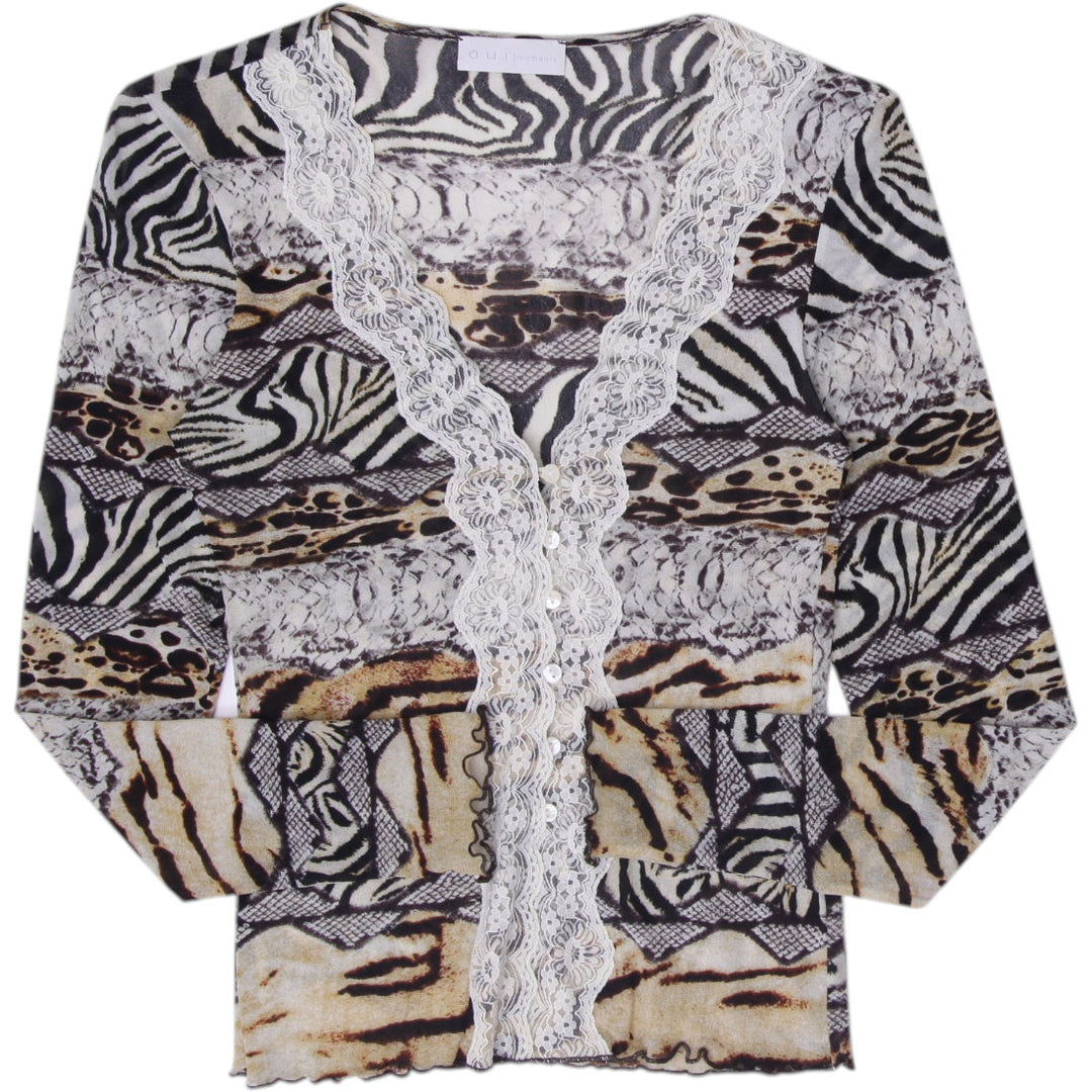 Y2K Ladies Oui Moments Mixed Animal Print Sheer Mesh Lace Cardigan Top